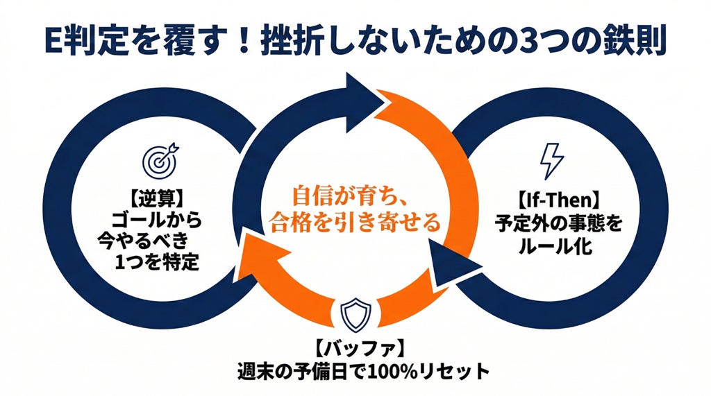 合格目標から逆算したToDo特定(逆算思考)、失敗時の行動自動化(If-Then)、そして計画の錯誤を相殺する予備日(バッファ)の3つが循環し、挫折を防ぎながら合格へ導く動的学習計画のサイクル図