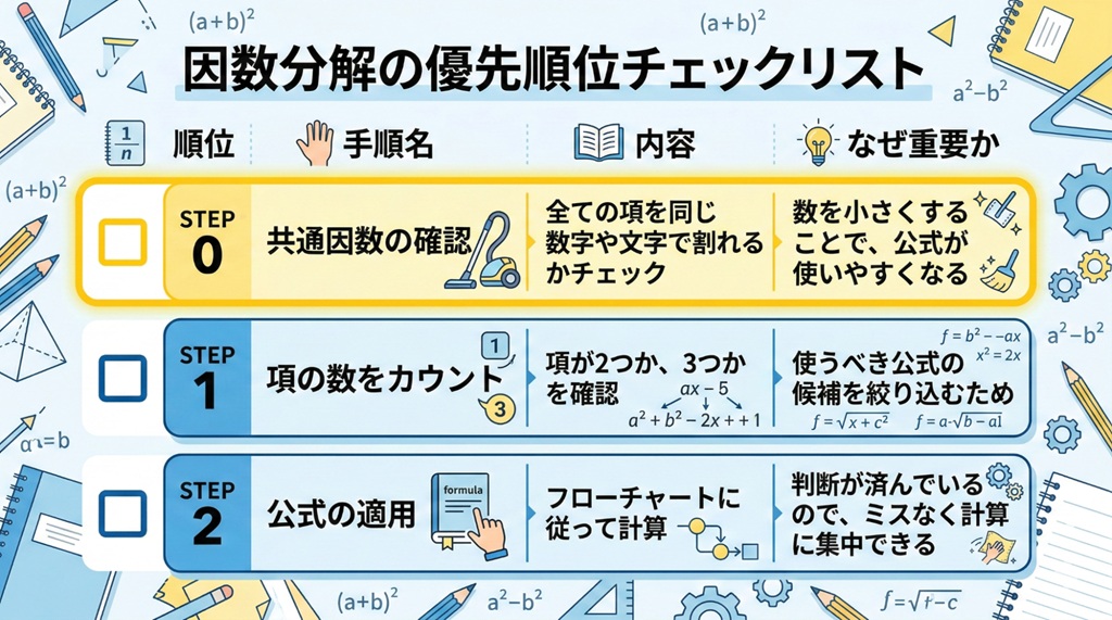 因数分解の優先順位チェックリスト。STEP0：共通因数の確認。STEP1：項の数をカウント。STEP2：公式の適用。
