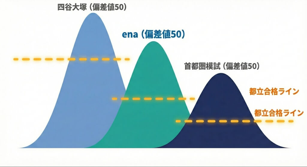 模試による偏差値の基準差を示す図解。主要なキーワードである「3大模試」が、母集団（受験層）のレベル差によって「偏差値50」の価値が異なることを示し、それらを「都立合格ライン」という共通の尺度で統合・解釈する重要性を表現