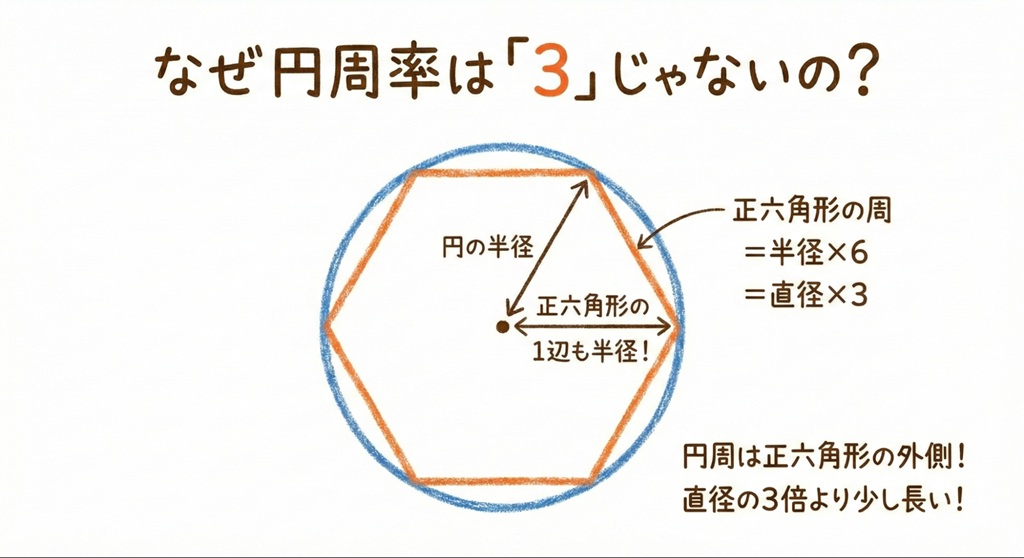 : 「円の中に描かれた正六角形の図解。『正六角形』の周の長さが『直径の3倍』であることを示し、その外側にある『円周が3.14倍（3より大きい）であることを視覚的に証明する論理関係のマップ。」