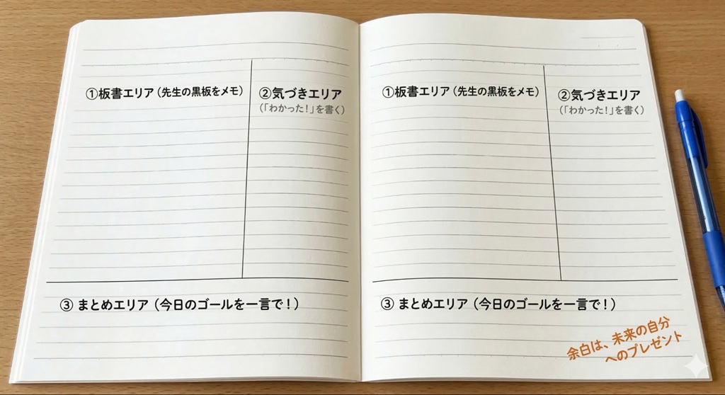小学生が実践しやすいノートの3分割レイアウト図解。板書、気づき、まとめの3つのセクションに分かれている。