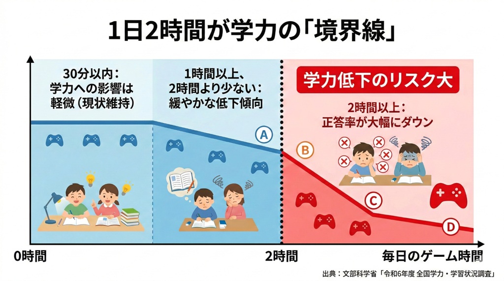 小学生のゲーム時間とテスト正答率の相関図。2時間を超えると急激に学力が低下することを示している。