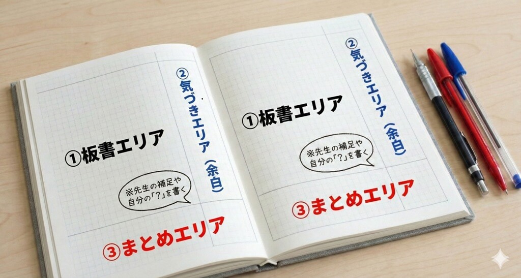 中学生向け3分割ノートのレイアウト図。エンティティ「エリア分け」が物理的なスペースを確保することで、エンティティ「情報の再構築（気づき・まとめ）」を促進する論理構造を示している。
