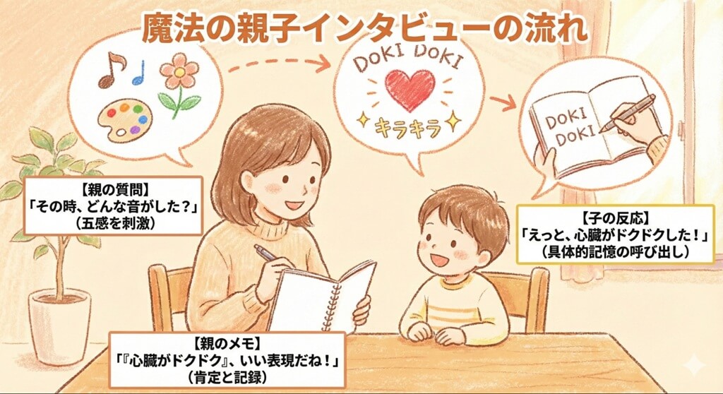 親が五感を刺激する具体的な質問をすることで、子供の脳内にある鮮明な記憶が呼び起こされ、それが豊かな語彙として引き出されていく「親子インタビュー」のプロセスを図解したイラスト。やり取りの項目の因果関係（質問→記憶の呼び出し→語彙の定着）を視覚的に表現。