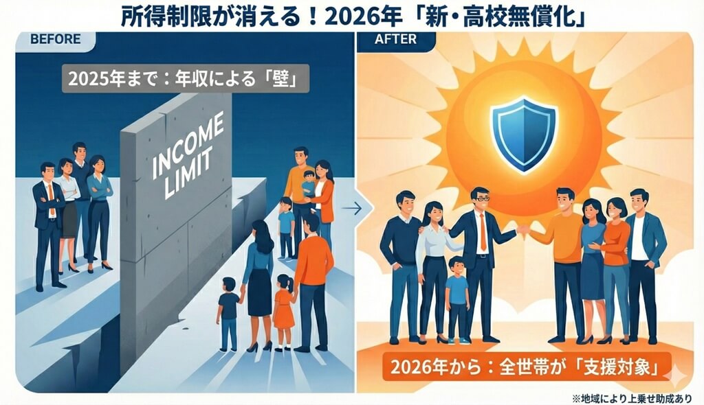 026年の所得制限撤廃に伴う高校無償化制度の変化を示すインフォグラフィック。「所得制限撤廃（原因）」によって、これまで対象外だった中間・高所得層を含む「全世帯（エンティティ）」が支援対象へと統合される論理関係を視覚化