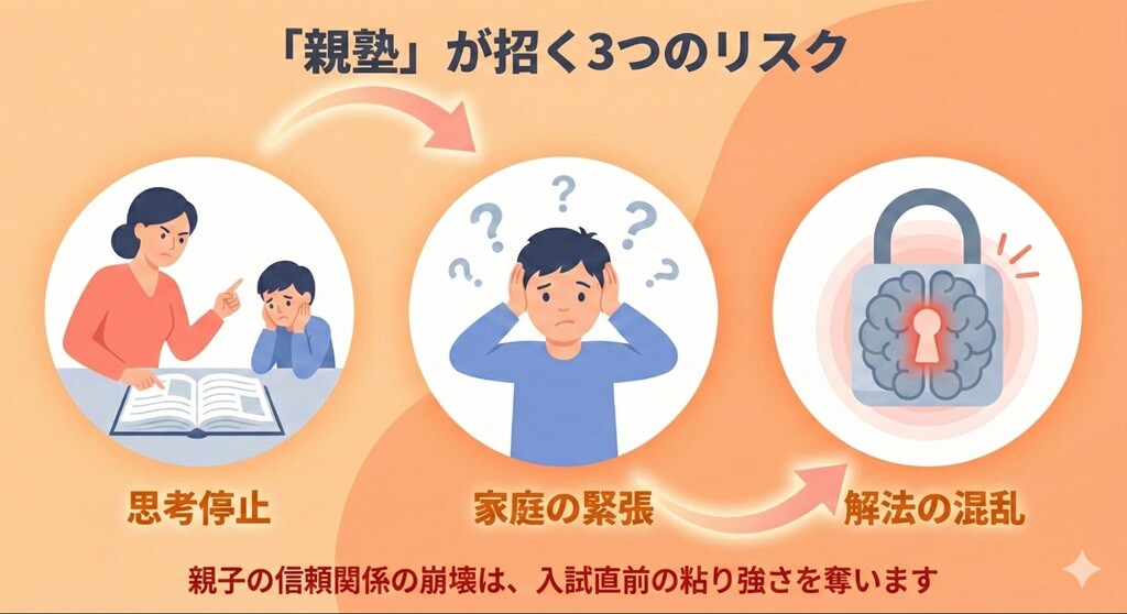 中学受験における「親の直接指導」と「親子関係の悪化・成績停滞」の負の相関関係を示すインフォグラフィック。過干渉が子供の脳のパフォーマンスを低下させ、自律性を奪う因果関係を視覚化