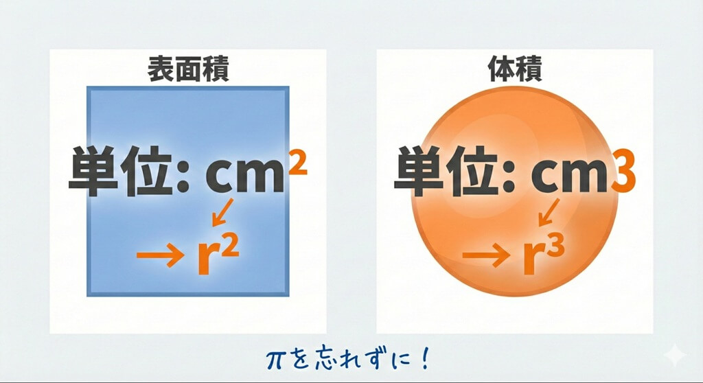 球の表面積（単位 cm²）は rの2乗、体積（単位 cm³）は rの3乗を用いるという「単位リンク法」の解説図。単位の次数と公式の次数が「次数の一致」という論理関係にあることを視覚化