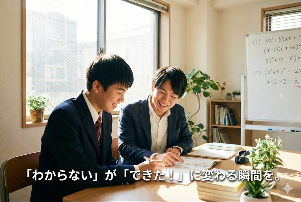 個別指導塾WAMでの指導風景。講師と生徒が信頼関係に基づき、平方完成という課題に対して共に取り組んでいる様子を示し、教育サービス（個別指導塾WAM）が提供する「伴走者としての価値」を視覚化