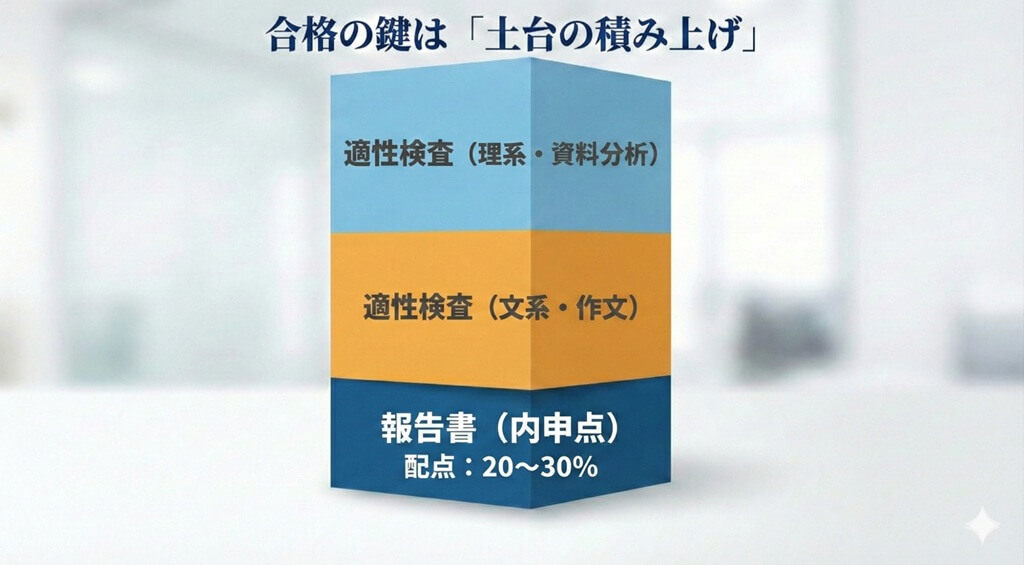 都立中合否判定の得点配分シミュレーション。主要なキーワードである「適性検査」と「報告書（内申点）」の相関関係を示し、偏差値（検査点）だけでなく、報告書がいかに合格の「土台」として大きな比重（20-30%）を占めているかを可視化