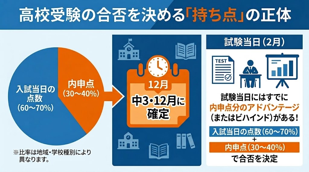 高校受験の合否判定における内申点と当日点の比率を示す円グラフ。内申点は12月に確定することを強調している。