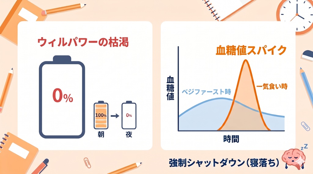 「ウィルパワーの枯渇」と「血糖値スパイク」が「寝落ち」を引き起こすという原因と結果の論理関係を視覚化。高校生の一日の終わりに起こる生理的な集中力低下のメカニズムを説明。