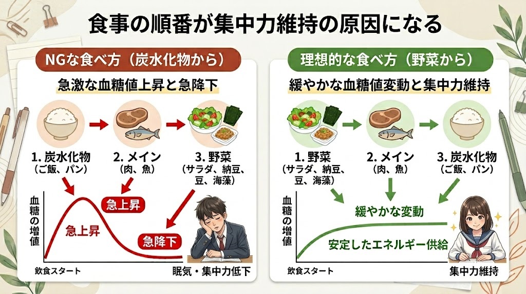 「食事の順番が集中力維持の原因になる」をテーマにした図解。野菜から食べる「ベジファースト」が血糖値の急上昇を抑え、集中力を維持する仕組みを、NG例と理想例のステップおよびグラフの対比で分かりやすく解説。