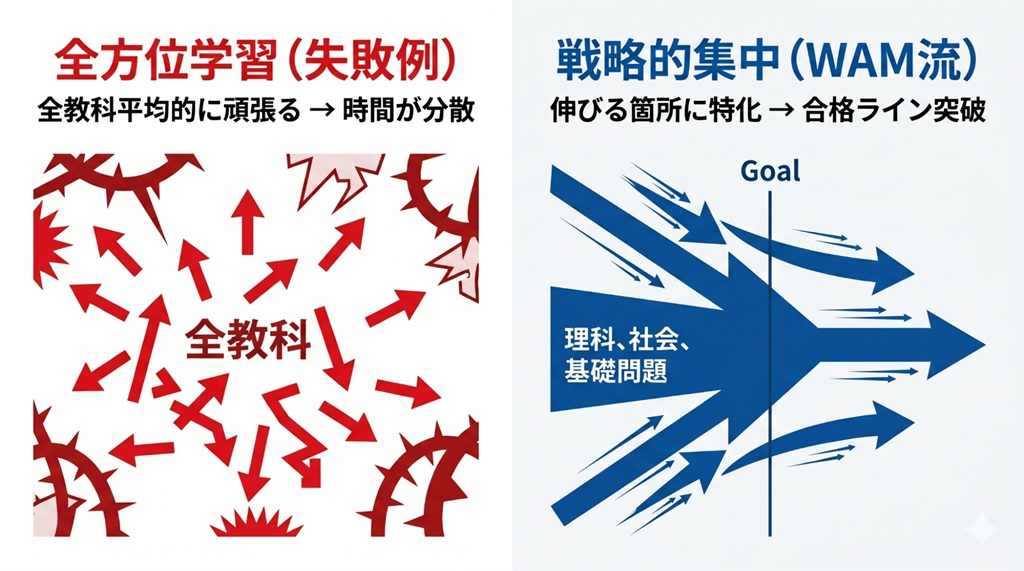 高校入試における「全方位学習」と「戦略的集中学習」の比較図。「全教科の満点（分散）」と「戦略的加点（集中）」の対立関係を視覚化し、限られた時間で合格ラインに到達する構造を示している。