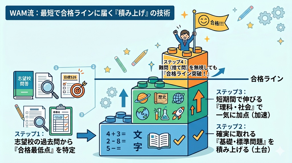 合格最低点から逆算した「加点方式」のステップ図。「合格最低点（目的）」と「捨て問（除外対象）」の関係性を表現。難問を切り捨て、確実に取れる基礎と理社を積み上げることで合格ラインに到達するロジックを示している。