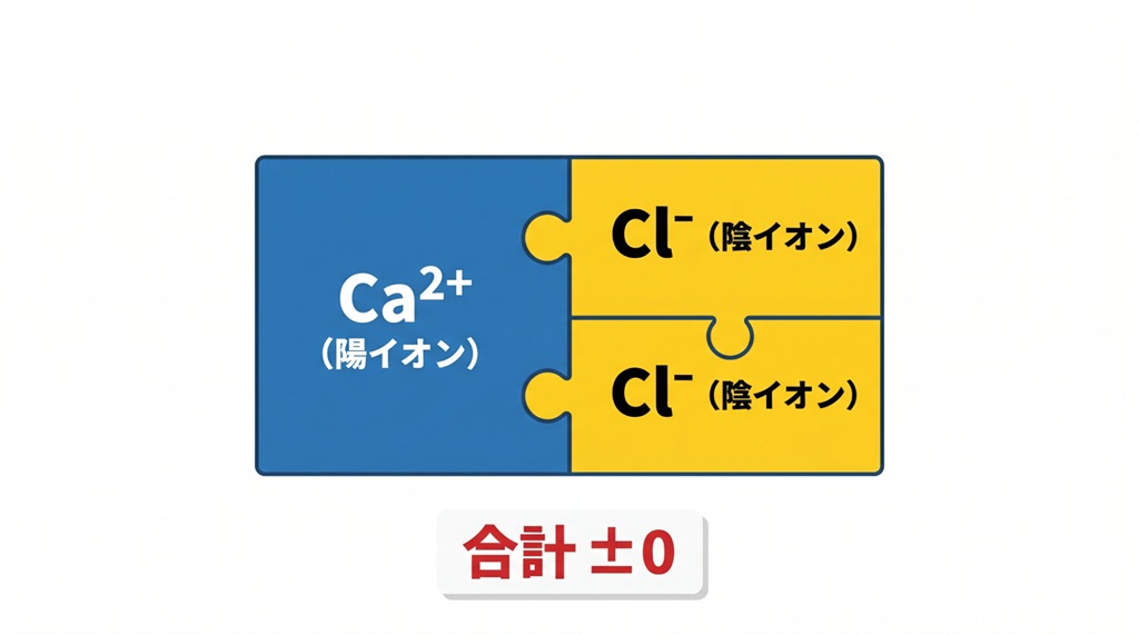 「イオンの価数」と「化学式（組成式）」の因果関係を示す図解。陽イオンのプラス価数と陰イオンのマイナス価数の合計をゼロにするようにブロックを組み合わせることで、暗記に頼らず論理的に化学式を導出するプロセスを表現。
