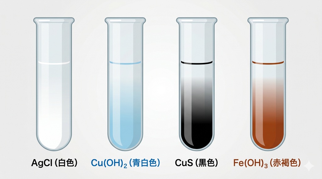 「沈殿の色」と「特定の化学式」の対応マップ。白色（塩化銀）、青白色（水酸化銅II）、黒色（硫化銅）、赤褐色（水酸化鉄III）といった視覚的な属性情報と化学式を紐付けることで、暗記の定着率を高めるためのリレーションシップ図。