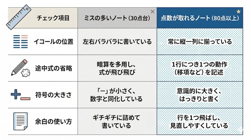 数学の計算ミスを防ぐノート術比較表。悪い例と良い例の「作法」を対比し、改善ポイントを明示。