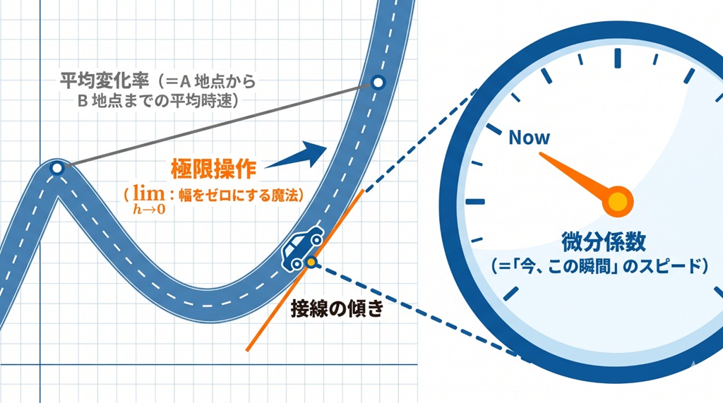 微分の定義をスピードメーターとグラフの接線で解説した図解。平均変化率が極限操作によって微分係数に変わる様子を示している。