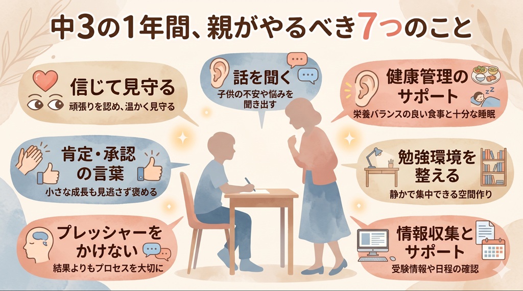 中3の1年間、親がやるべき7つのこと。信じて見守る。話を聞く。健康管理のサポート。工程・承認の言葉。プレッシャーをかけない。勉強環境を整える。情報収集とサポート。