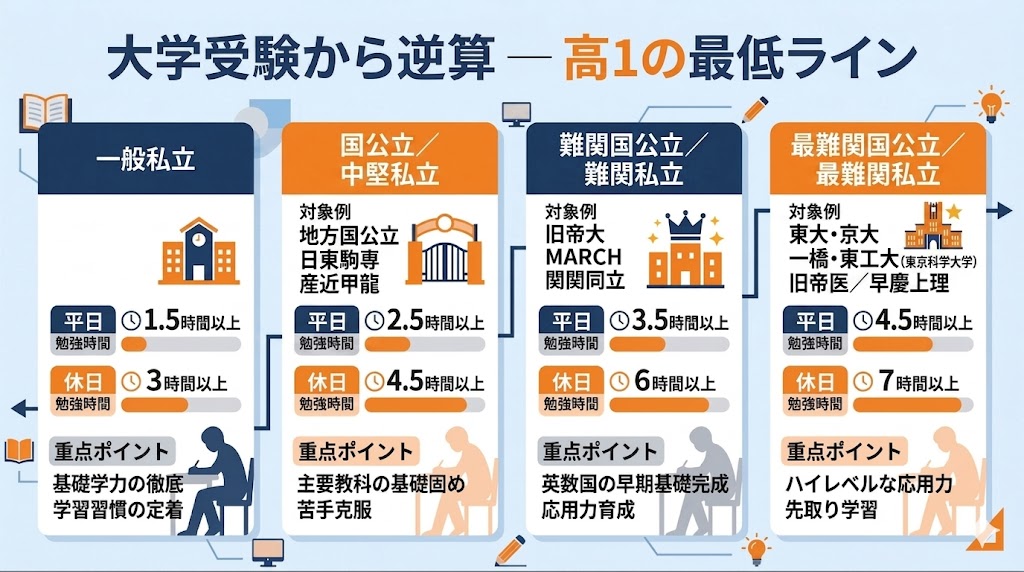 志望大学のレベル別に必要な高校1年生の平日・休日の最低勉強時間マップ