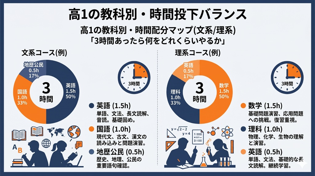 文系・理系それぞれの志望に合わせた高校1年生の理想的な学習時間配分図