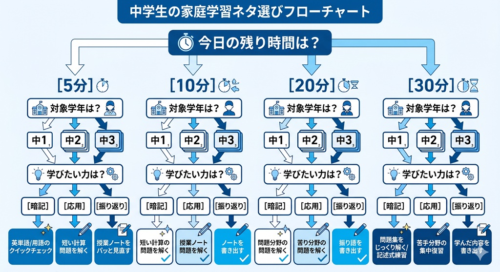 今日の残り時間（5分〜30分）と学年に合わせて、最適な自学ネタの種類を選べるフローチャート 