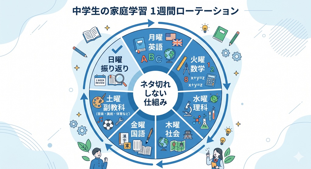 ネタ切れを防ぐため、月曜から日曜まで日替わりで取り組む教科を固定した運用サイクルの図解 
