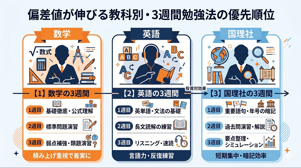 模試に向けて数学・英語・国理社の順で対策を進める3週間スケジュールの図解