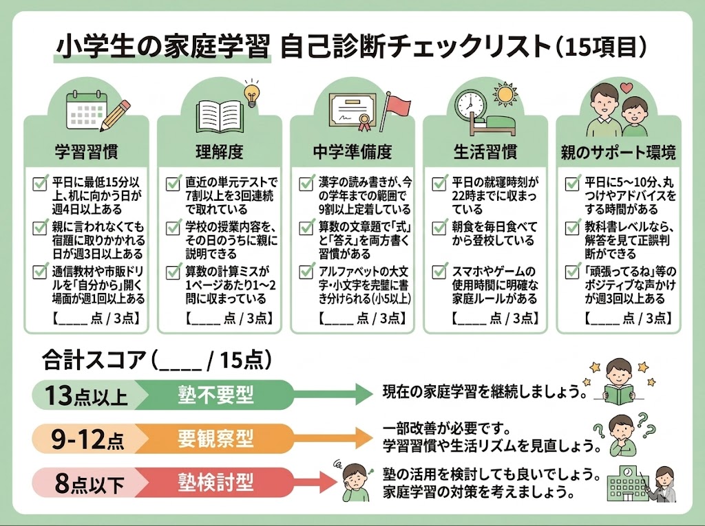 学習習慣・理解度など5領域15項目で塾の必要性を判定するスコア表 