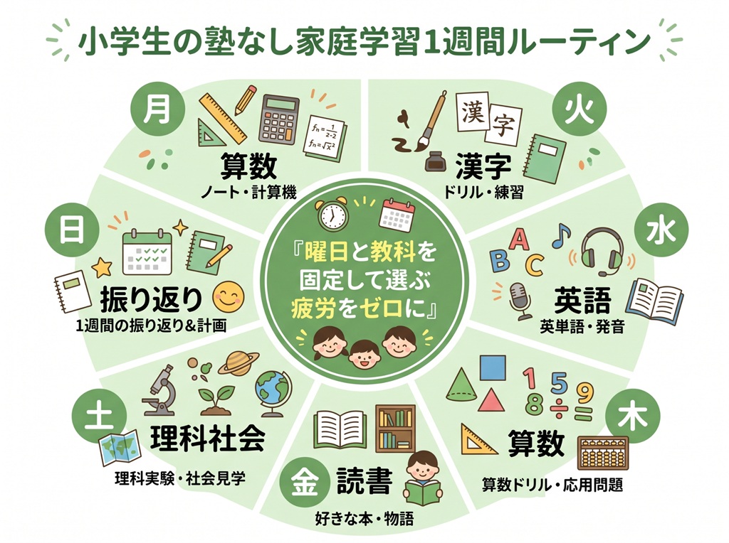 曜日ごとに教科を固定して家庭学習を習慣化するための1週間スケジュール例 