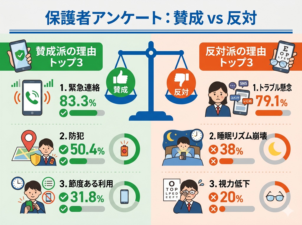 保護者がスマホ導入に賛成・反対するそれぞれの理由トップ3を比較した図解 