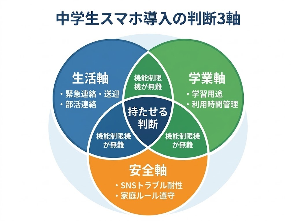 生活軸・学業軸・安全軸の3つの視点からスマホ導入を検討する判断基準の図