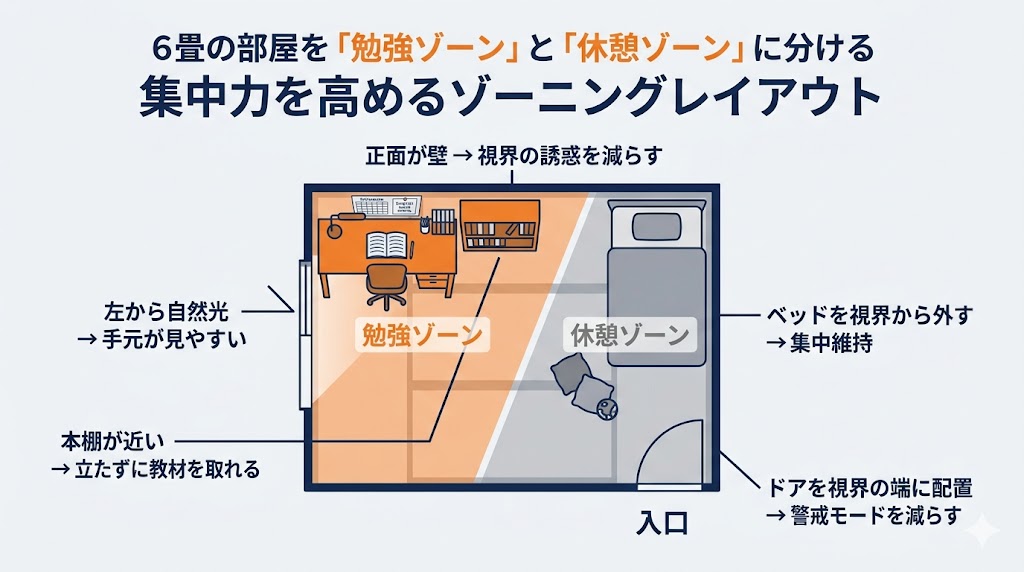 6畳の部屋をオレンジ色の「勉強ゾーン」とグレーの「休憩ゾーン」に分けた、集中力を高めるゾーニングレイアウト図