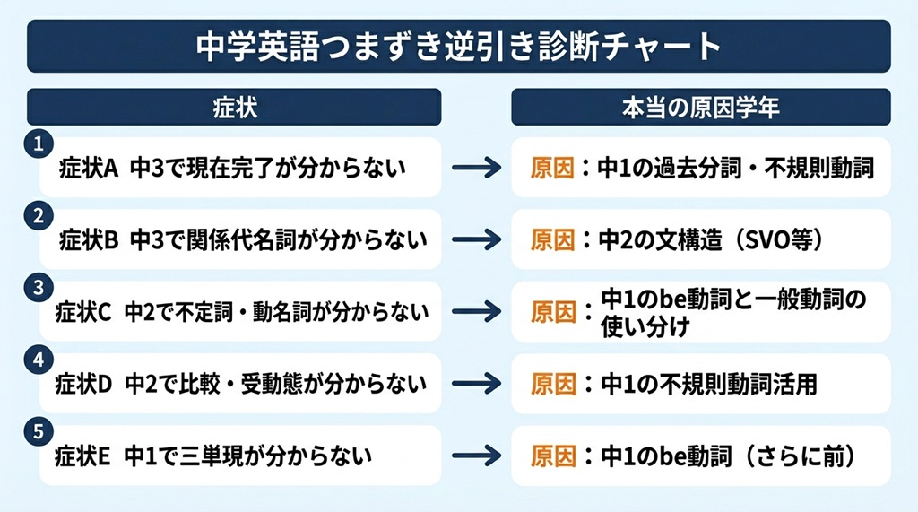 中学英語の各単元のつまずき症状から、本当の原因となる前学年の単元への因果関係を示すチャート