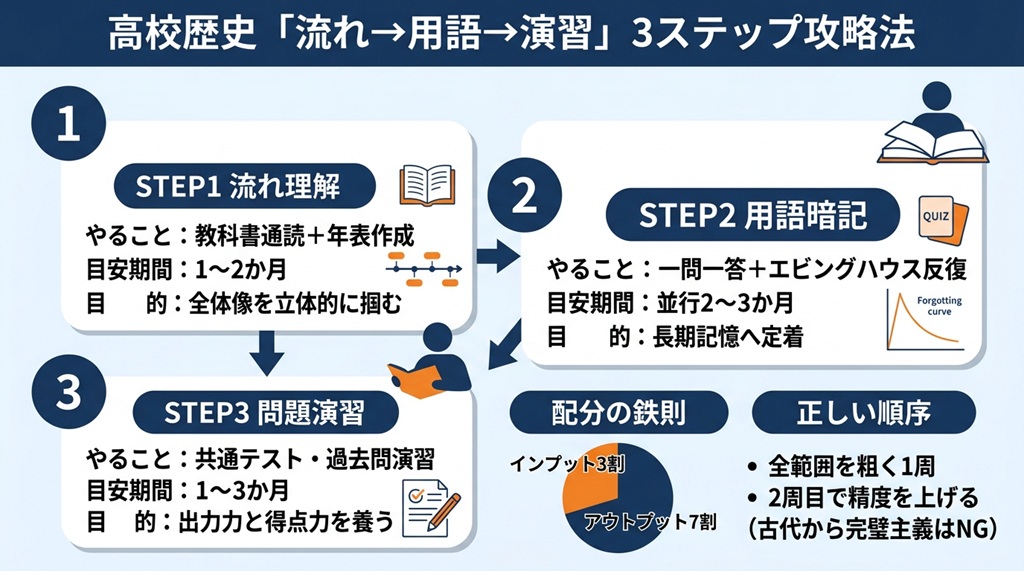 高校歴史学習を攻略するための『流れ理解・用語暗記・問題演習』の3段階と各目的を示した学習計画表