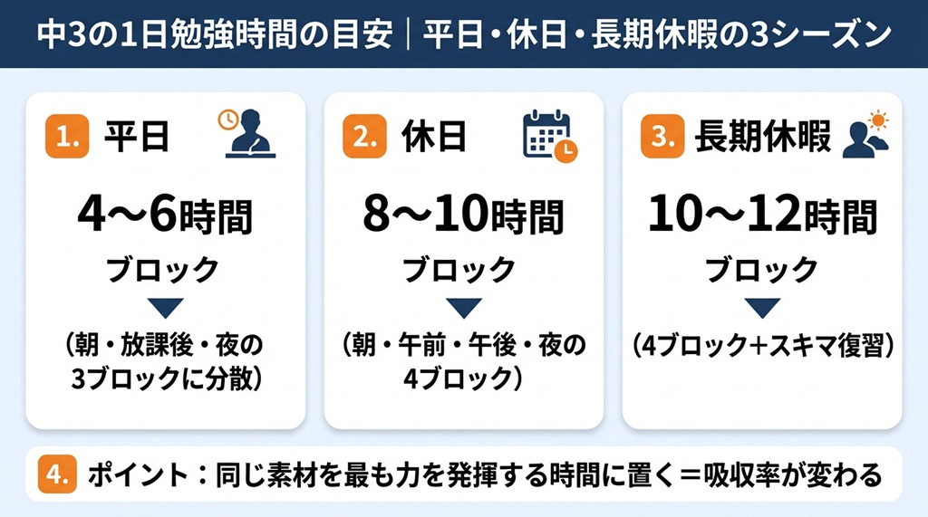 中3生の生活リズム(部活・休日・長期休暇)に合わせた、朝・昼・夜の勉強時間と内容を配置した1日の計画例