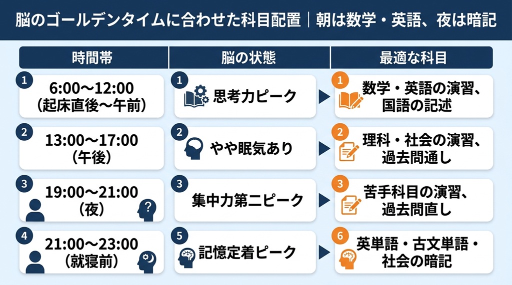 志望校合格に向けた5教科の週間学習時間配分比率と、休日10時間勉強時の具体的な科目別時間目安を示す表