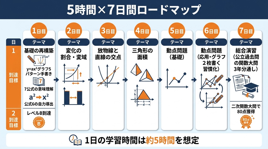 二次関数を7日間でマスターするための、5時間×7日間の集中学習カリキュラムを示した工程図