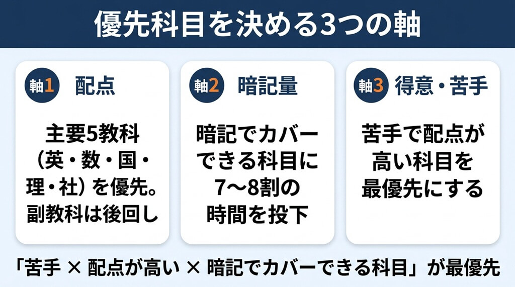 テスト勉強で優先すべき科目を『配点』『暗記量』『得意不得意』の3軸で判断する基準を示した図