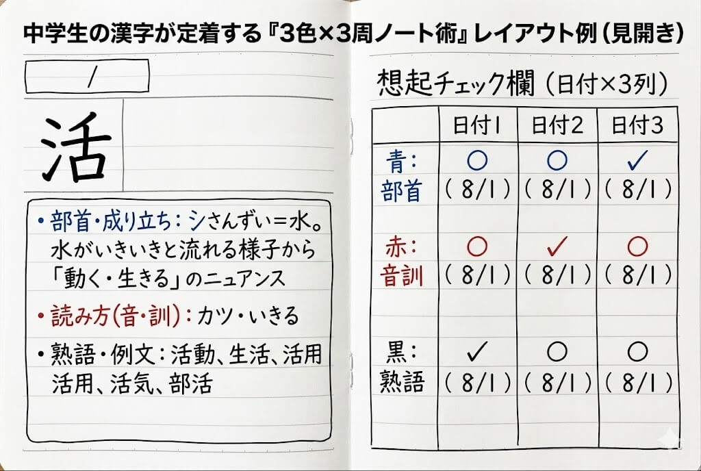 「3色ノート術」の書き分け例。「活」という漢字を青(部首)、赤(読み)、黒(熟語)で色分けしたノートの画像