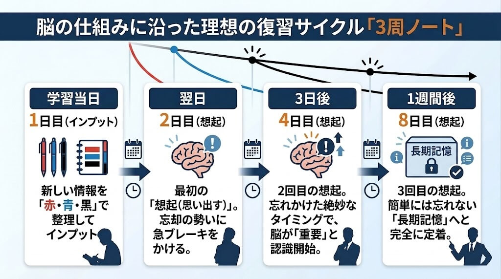 漢字を長期記憶にするための復習サイクル図。学習日から2日目、4日目、8日目に想起練習を行うタイミングを示す図