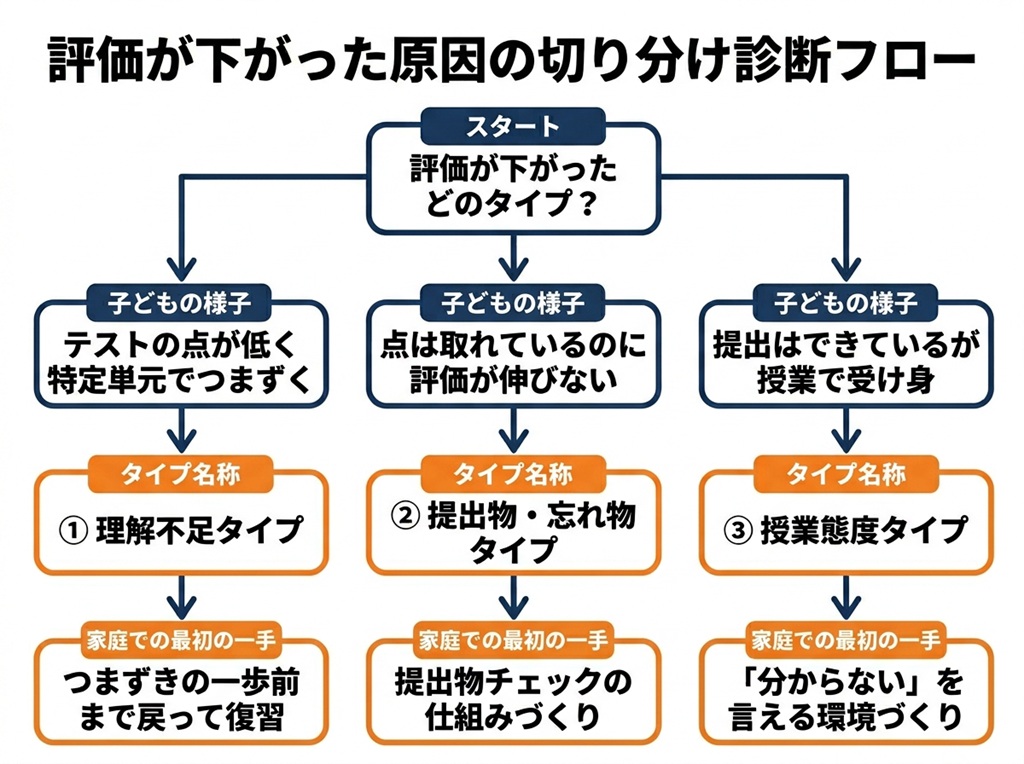 通知表の評価が下がった原因を「理解不足」「提出物・忘れ物」「授業態度」の3タイプに切り分ける診断フロー図。