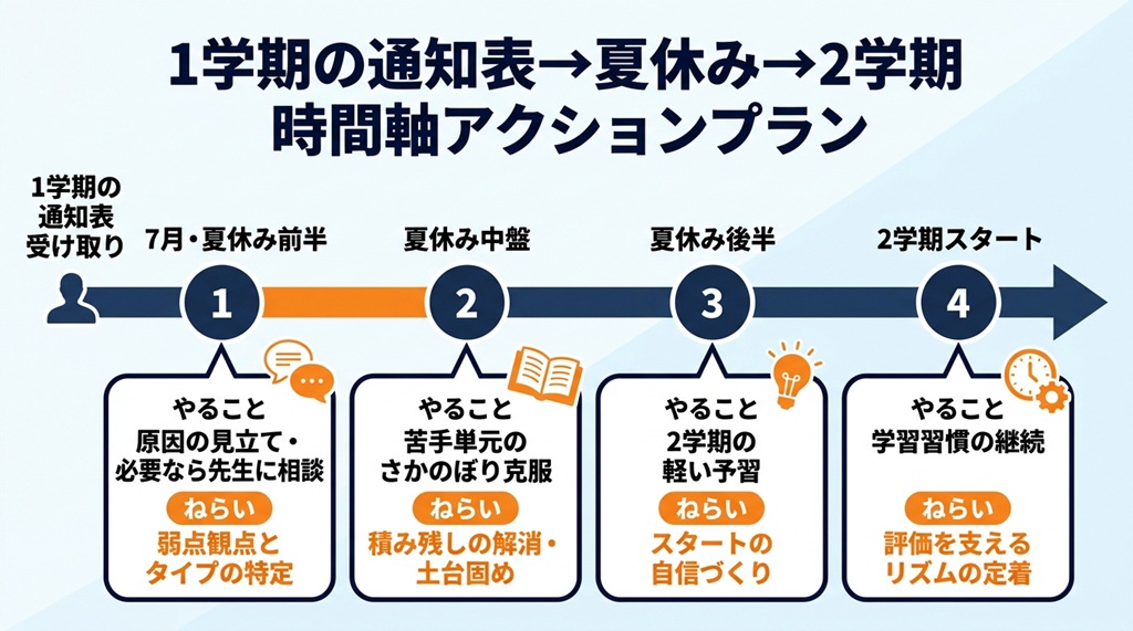 7月から2学期開始まで、通知表を活かした振り返りや復習、予習の取り組みを整理した夏休みのアクションプラン図。