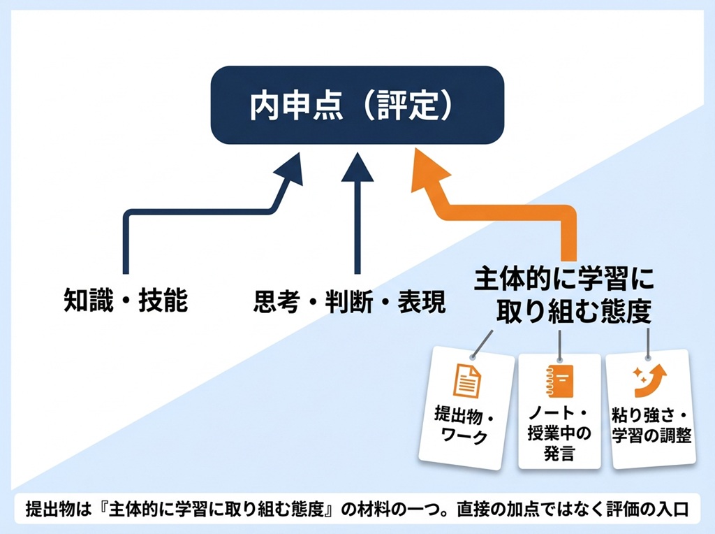 提出物の有無が、主体的に学習に取り組む態度の評価を通じて、間接的に内申点へ反映される仕組みを示した図。