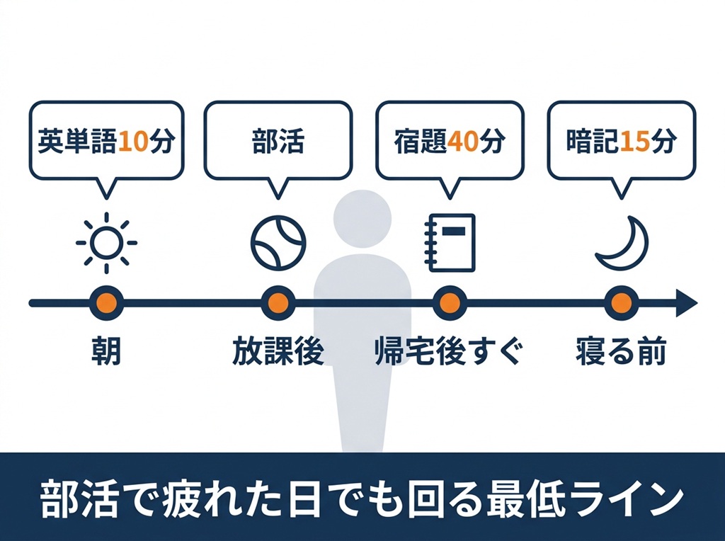 部活疲れの日でも無理なく継続できる、帰宅直後の宿題と5分復習を組み合わせた最低ラインの勉強フロー図。