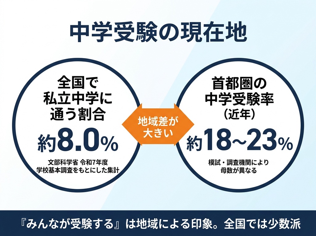 全国と首都圏における中学受験率や進学率を比較し、地域によって受験環境が大きく異なることを示す図。