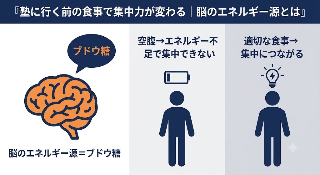 脳の主なエネルギー源がブドウ糖であることを解説し、空腹と集中の関係を示す図解。
