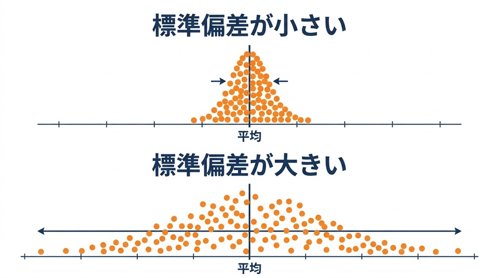 データが平均付近に集まる『小さい』状態と、広く散らばる『大きい』状態を比較した図。