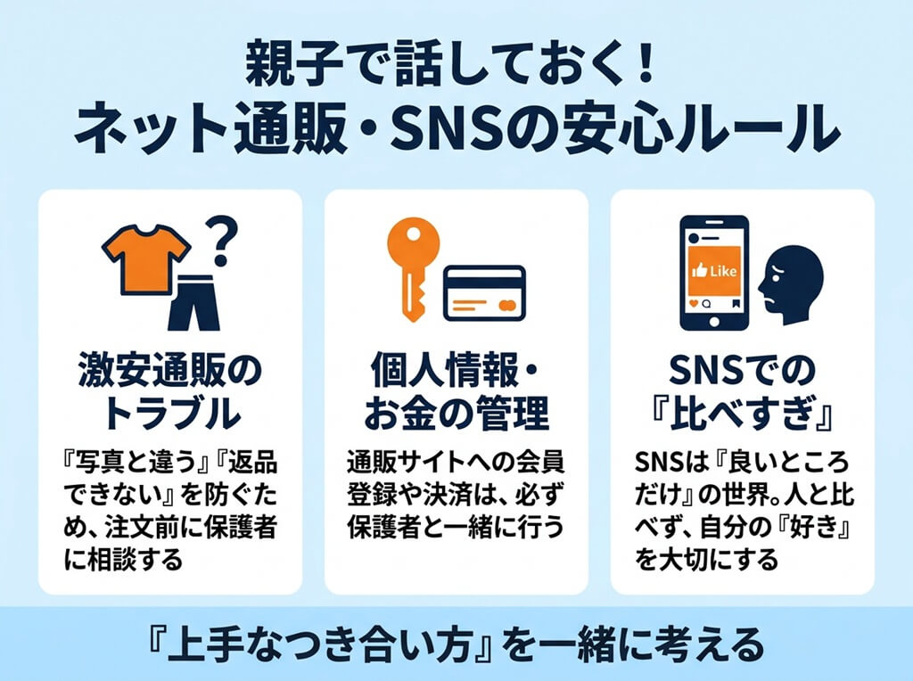 子どもがネット通販やSNSを安全に使うための注意点。トラブル防止や親子でのルール共有の重要性を示す図解