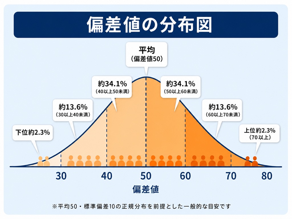 平均点を50として全体の中での相対的な位置を表す「偏差値」の仕組みと分布の目安を解説し、点数の増減ではなく立ち位置で結果を捉える重要性を示した図解。